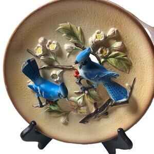 Vintage Original Napcoware 3d Two Blue Jay Birds on Pottery Plate #5853 Japan